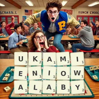 Kreatywna ilustracja do gry w Scrabble ze słowem UKAMIENIOWALABY ułożonym z płytek na planszy.