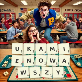 Kreatywna ilustracja do gry w Scrabble ze słowem UKAMIENOWAWSZY ułożonym z płytek na planszy.