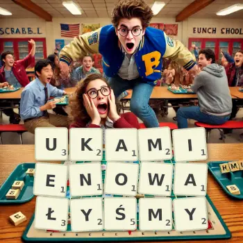 Kreatywna ilustracja do gry w Scrabble ze słowem UKAMIENOWAŁYŚMY ułożonym z płytek na planszy.