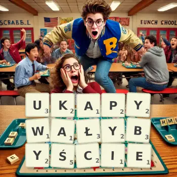 Kreatywna ilustracja do gry w Scrabble ze słowem UKAPYWAŁYBYŚCIE ułożonym z płytek na planszy.