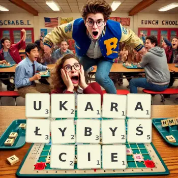 Kreatywna ilustracja do gry w Scrabble ze słowem UKARAŁYBYŚCIE ułożonym z płytek na planszy.