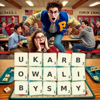 Kreatywna ilustracja do gry w Scrabble ze słowem UKARBOWALIBYSMY ułożonym z płytek na planszy.