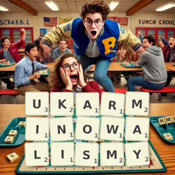 Kreatywna ilustracja do gry w Scrabble ze słowem UKARMINOWALISMY ułożonym z płytek na planszy.