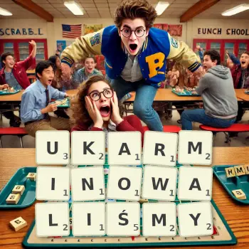 Kreatywna ilustracja do gry w Scrabble ze słowem UKARMINOWALIŚMY ułożonym z płytek na planszy.