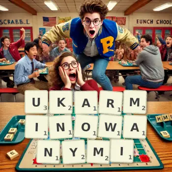 Kreatywna ilustracja do gry w Scrabble ze słowem UKARMINOWANYMI ułożonym z płytek na planszy.