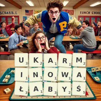 Kreatywna ilustracja do gry w Scrabble ze słowem UKARMINOWAŁABYŚ ułożonym z płytek na planszy.