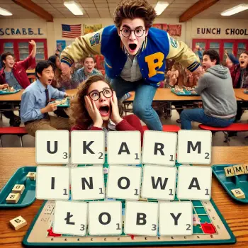 Kreatywna ilustracja do gry w Scrabble ze słowem UKARMINOWAŁOBY ułożonym z płytek na planszy.