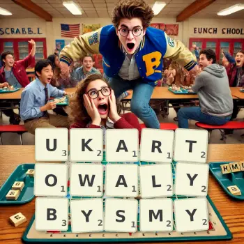 Kreatywna ilustracja do gry w Scrabble ze słowem UKARTOWALYBYSMY ułożonym z płytek na planszy.