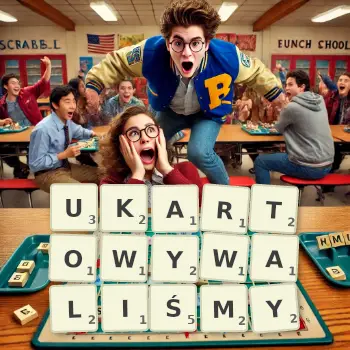 Kreatywna ilustracja do gry w Scrabble ze słowem UKARTOWYWALIŚMY ułożonym z płytek na planszy.