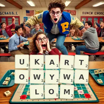 Kreatywna ilustracja do gry w Scrabble ze słowem UKARTOWYWALOM ułożonym z płytek na planszy.