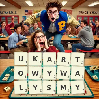 Kreatywna ilustracja do gry w Scrabble ze słowem UKARTOWYWALYSMY ułożonym z płytek na planszy.