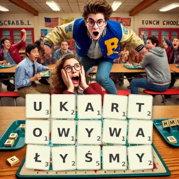 Kreatywna ilustracja do gry w Scrabble ze słowem UKARTOWYWAŁYŚMY ułożonym z płytek na planszy.