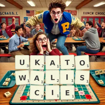 Kreatywna ilustracja do gry w Scrabble ze słowem UKATOWALISCIE ułożonym z płytek na planszy.