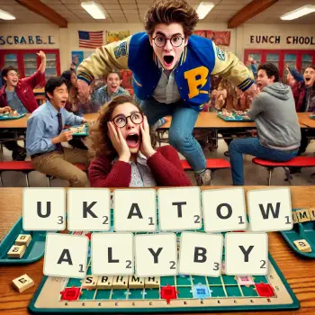 Kreatywna ilustracja do gry w Scrabble ze słowem UKATOWALYBY ułożonym z płytek na planszy.