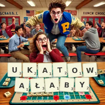 Kreatywna ilustracja do gry w Scrabble ze słowem UKATOWAŁABY ułożonym z płytek na planszy.