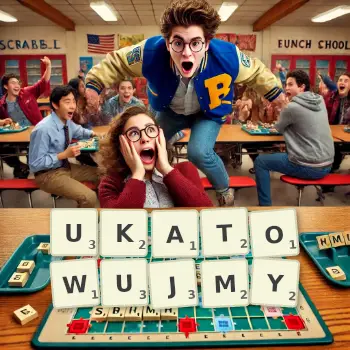 Kreatywna ilustracja do gry w Scrabble ze słowem UKATOWUJMY ułożonym z płytek na planszy.