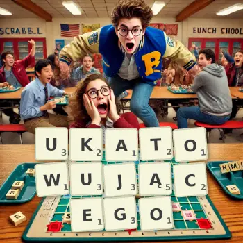 Kreatywna ilustracja do gry w Scrabble ze słowem UKATOWUJĄCEGO ułożonym z płytek na planszy.