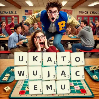 Kreatywna ilustracja do gry w Scrabble ze słowem UKATOWUJĄCEMU ułożonym z płytek na planszy.