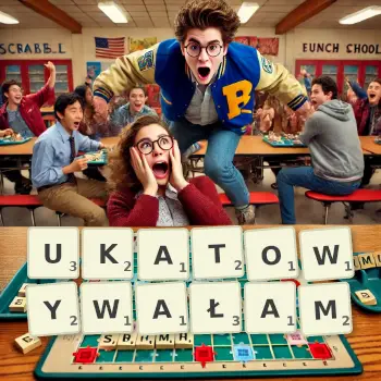 Kreatywna ilustracja do gry w Scrabble ze słowem UKATOWYWAŁAM ułożonym z płytek na planszy.