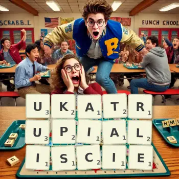 Kreatywna ilustracja do gry w Scrabble ze słowem UKATRUPIALISCIE ułożonym z płytek na planszy.