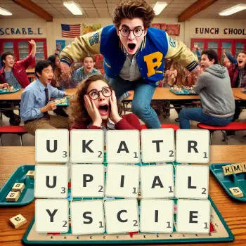 Kreatywna ilustracja do gry w Scrabble ze słowem UKATRUPIALYSCIE ułożonym z płytek na planszy.