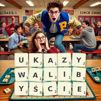 Kreatywna ilustracja do gry w Scrabble ze słowem UKAZYWALIBYŚCIE ułożonym z płytek na planszy.