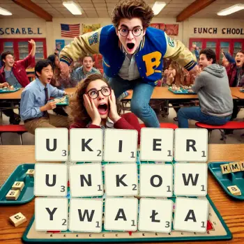 Kreatywna ilustracja do gry w Scrabble ze słowem UKIERUNKOWYWAŁA ułożonym z płytek na planszy.