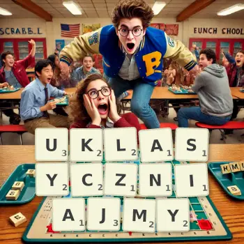 Kreatywna ilustracja do gry w Scrabble ze słowem UKLASYCZNIAJMY ułożonym z płytek na planszy.