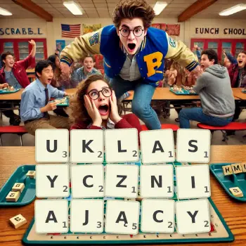 Kreatywna ilustracja do gry w Scrabble ze słowem UKLASYCZNIAJĄCY ułożonym z płytek na planszy.