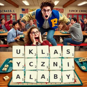 Kreatywna ilustracja do gry w Scrabble ze słowem UKLASYCZNIALABY ułożonym z płytek na planszy.