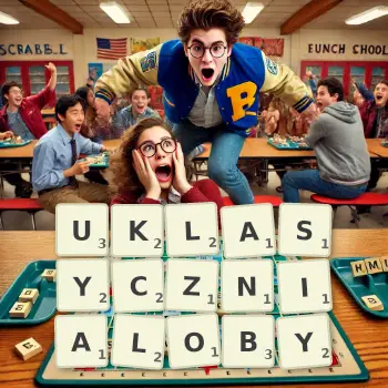 Kreatywna ilustracja do gry w Scrabble ze słowem UKLASYCZNIALOBY ułożonym z płytek na planszy.