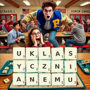 Kreatywna ilustracja do gry w Scrabble ze słowem UKLASYCZNIANEMU ułożonym z płytek na planszy.