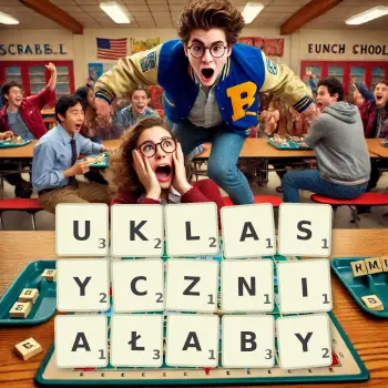 Kreatywna ilustracja do gry w Scrabble ze słowem UKLASYCZNIAŁABY ułożonym z płytek na planszy.