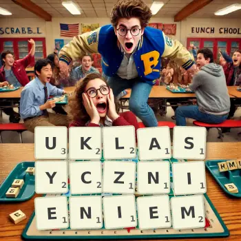 Kreatywna ilustracja do gry w Scrabble ze słowem UKLASYCZNIENIEM ułożonym z płytek na planszy.