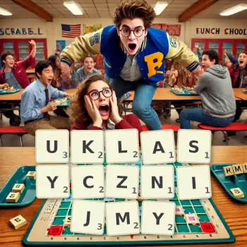 Kreatywna ilustracja do gry w Scrabble ze słowem UKLASYCZNIJMY ułożonym z płytek na planszy.