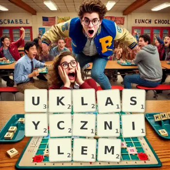 Kreatywna ilustracja do gry w Scrabble ze słowem UKLASYCZNILEM ułożonym z płytek na planszy.