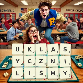 Kreatywna ilustracja do gry w Scrabble ze słowem UKLASYCZNILIŚMY ułożonym z płytek na planszy.