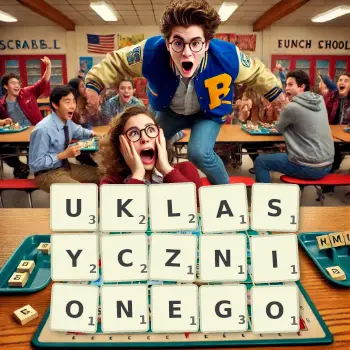 Kreatywna ilustracja do gry w Scrabble ze słowem UKLASYCZNIONEGO ułożonym z płytek na planszy.