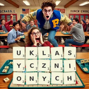 Kreatywna ilustracja do gry w Scrabble ze słowem UKLASYCZNIONYCH ułożonym z płytek na planszy.