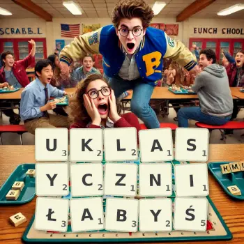 Kreatywna ilustracja do gry w Scrabble ze słowem UKLASYCZNIŁABYŚ ułożonym z płytek na planszy.