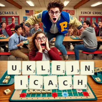 Kreatywna ilustracja do gry w Scrabble ze słowem UKLEJNICACH ułożonym z płytek na planszy.