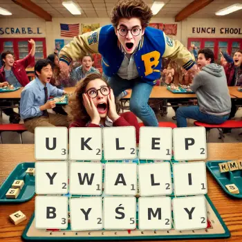 Kreatywna ilustracja do gry w Scrabble ze słowem UKLEPYWALIBYŚMY ułożonym z płytek na planszy.