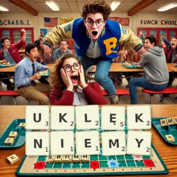 Kreatywna ilustracja do gry w Scrabble ze słowem UKLĘKNIEMY ułożonym z płytek na planszy.