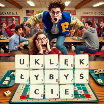 Kreatywna ilustracja do gry w Scrabble ze słowem UKLĘKŁYBYŚCIE ułożonym z płytek na planszy.