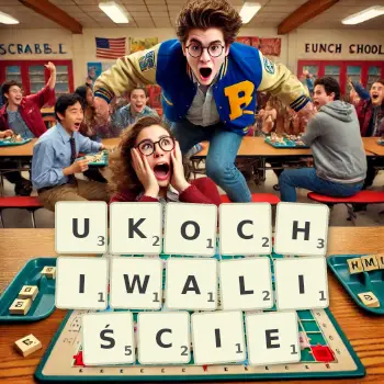 Kreatywna ilustracja do gry w Scrabble ze słowem UKOCHIWALIŚCIE ułożonym z płytek na planszy.