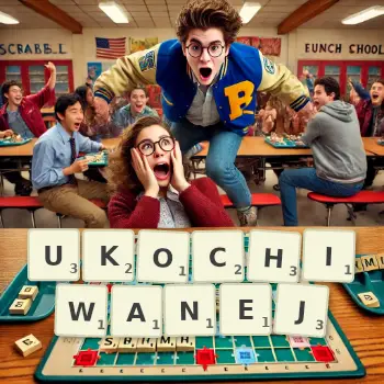 Kreatywna ilustracja do gry w Scrabble ze słowem UKOCHIWANEJ ułożonym z płytek na planszy.