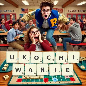 Kreatywna ilustracja do gry w Scrabble ze słowem UKOCHIWANIE ułożonym z płytek na planszy.