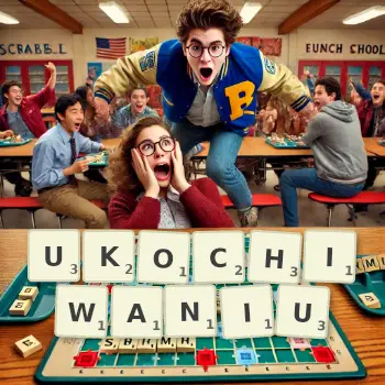 Kreatywna ilustracja do gry w Scrabble ze słowem UKOCHIWANIU ułożonym z płytek na planszy.