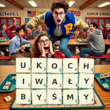 Kreatywna ilustracja do gry w Scrabble ze słowem UKOCHIWAŁYBYŚMY ułożonym z płytek na planszy.