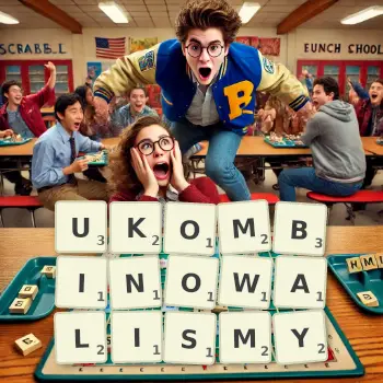 Kreatywna ilustracja do gry w Scrabble ze słowem UKOMBINOWALISMY ułożonym z płytek na planszy.